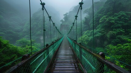 Obraz premium A suspension bridge stretches through a misty, lush forest, surrounded by dense green foliage, creating a serene and mystical atmosphere, evoking adventure and tranquility.