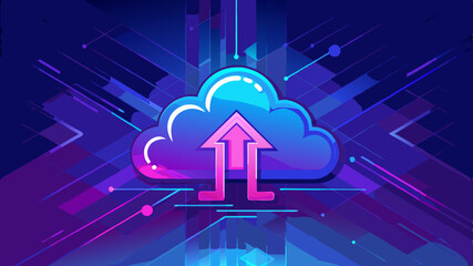 Abstract digital cloud computing icon with neon arrows up and down on a futuristic cyberpunk blue-purple background. Neon light arrows and low poly cloud storage icon. Data technology concept