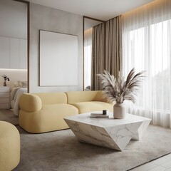 Modern bright interior with empty frame . 3D rendering

