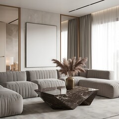 Modern bright interior with empty frame . 3D rendering
