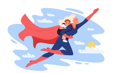 Happy Fathers day, greeting card, creative poster design of fatherhood with dad superhero and son. Young man in funny superman costume and cloak holding boy in cap cartoon