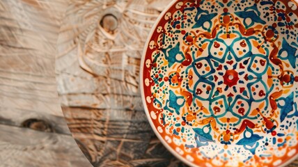 Colorful Arabic pattern on a ceramic dish against a textured wooden background.