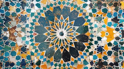 A colorful Arabic mosaic pattern on a table, showcasing various geometric shapes in blue, yellow, and green.