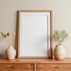 Modern bright interior with empty frame . 3D rendering
