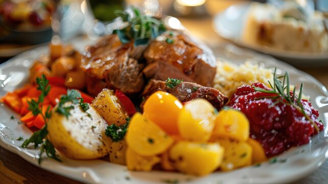 Traditional German dishes with meat, potatoes, and vegetables on a plate.