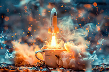 A white rocket is launched into the air from a cup of coffee, surrounded by smoke and fire