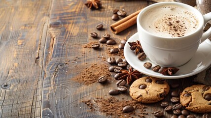 A cup of coffee with frothy milk and chocolate cookies on a rustic wooden table, accompanied by coffee beans and spices.