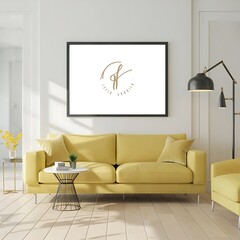 Modern bright interior with empty frame . 3D rendering
