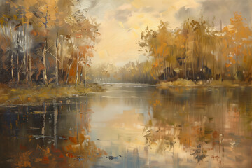 Fototapeta premium A calm lakeside view with a beautiful reflection of autumn trees on the water surface under a clear, sunny sky.