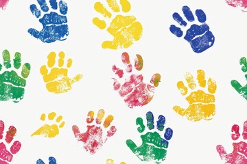 A colorful pattern of hand prints on a white background