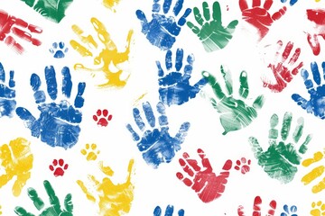 A colorful pattern of hands and paw prints on a white background