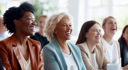 Obraz premium a multi-ethnic group of middle-aged women dressed in professional attire, laughing and enjoying a moment together in a bright, modern setting. Joy and camaraderie, highlighting the positive workplace.