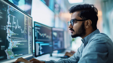 Fototapeta premium Employee using machine learning algorithms to analyze data.