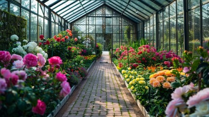 A vibrant pathway lined with blooming flowers stretches through a glass greenhouse, bathed in sunlight.