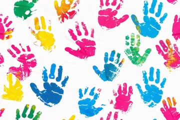 Fototapeta premium A colorful pattern of hands is spread across a white background