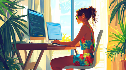 Woman working at desk on computer in bright home office with natural light, casual and comfortable work environment, well-decorated with plants and shelves