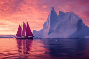 A red sailboat in front of an enormous iceberg at sunset, with beautiful colors, in the style of National Geographic photography.