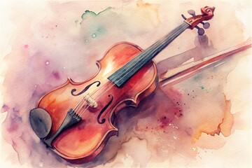 Fototapeta premium Elegant wooden violin surrounded by soft watercolor hues emphasizing its musical charm