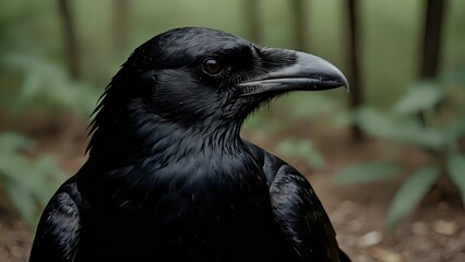 Fototapeta premium a black crow with its head turned to the right. It has a dark, sharp beak and is looking directly at the camera. The background is blurred, but appears to be a forest.