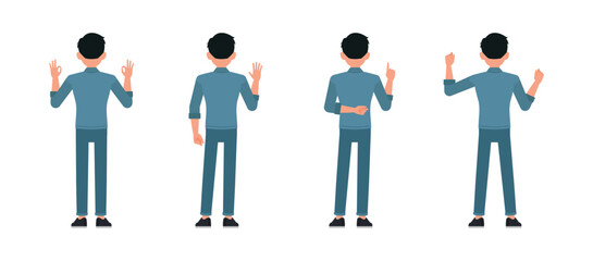 Businessman back view wear blue jeans shirt character set. Man points, OK gesture, say hello and proud. Vector illustration design.