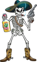 Human skeleton wearing sombrero and boots with spurs holding a bootle of tequila and revolver 