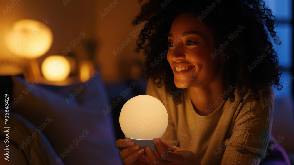 Poster enthusiastic online presenter explaining how a new wifi-enabled light bulb can enhance home automati