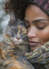 A woman is holding a cat in her arms. The cat is a calico cat with a black nose and green eyes. The woman is wearing a knit scarf and a hat. The scene is warm and cozy, with the woman