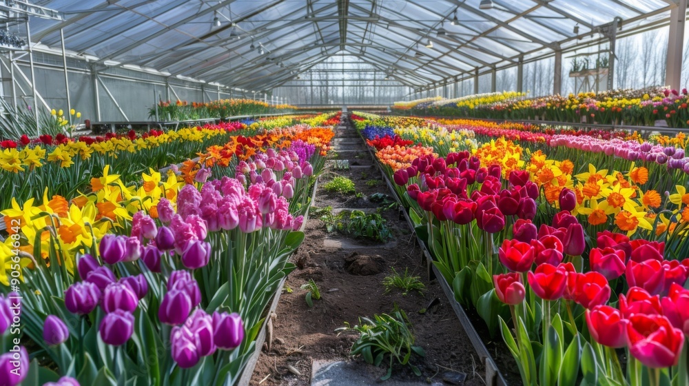 Poster a vibrant array of blooming tulips and daffodils fills the greenhouse, showcasing a spectrum of colo