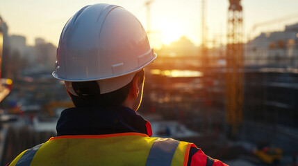 Construction Worker with helmet Overlooking Urban Building Site During Golden Hour at Sunset safety Industry