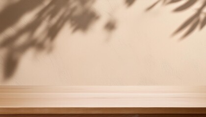 wooden table mockup on beige stucco background with branch shadows on the wall mock up for branding...