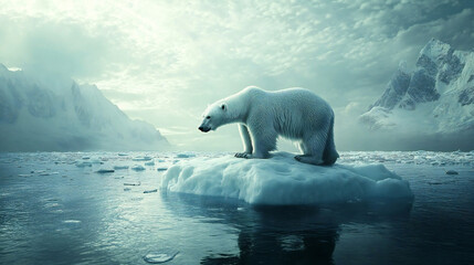 Polar bear on iceberg Artic Water Global Warming Dusk Clouds wildlife