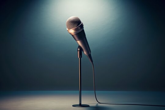A solo microphone stands alone on stage awaiting an electrifying performance under dim blue lights