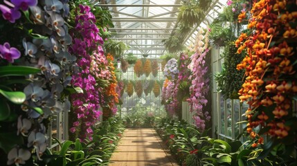 Fototapeta premium A lush pathway in a greenhouse adorned with colorful orchids, surrounded by vibrant foliage and filtered sunlight.