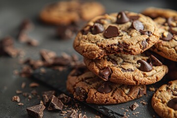 Obraz premium A stack of chocolate chip cookies with chocolate chips on the table