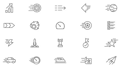 Speed line icon set. Containing fast, slow, movement, concept, fast stopwatch, Spaceships, turbo, speeding and speedometer Outline icon collection. Ui thin icon pack.