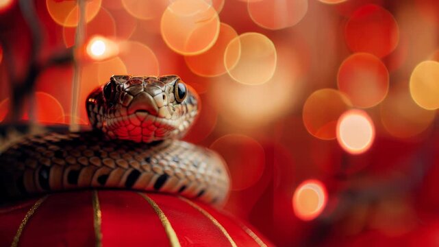 Golden snake coiled on red lantern with blurred festive lights, Chinese New Year zodiac symbol