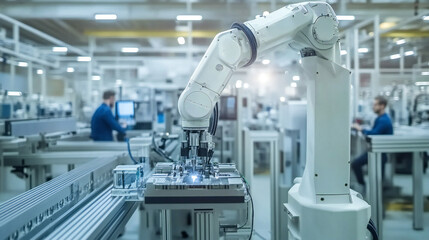 Robotic Arm White Assembly Artificial Intelligence High Tech Industry Manufacturing bright Light