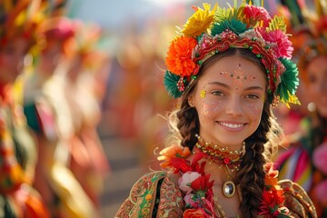 Fototapeta premium Celebratory Dance of Young Woman Wearing Colorful Attire and Floral Headpiece at Local Festival