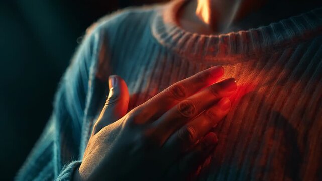 Person clutching chest with glowing red pain visualization, heart attack or cardiac arrest medical