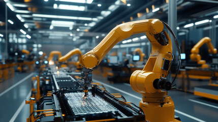 Robotic Arm Yellow Assembling Components in High-Tech Modern Manufacturing Facility artificial intelligence