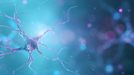 Abstract representation of a neuron with glowing dendrites and axons on a blue background.