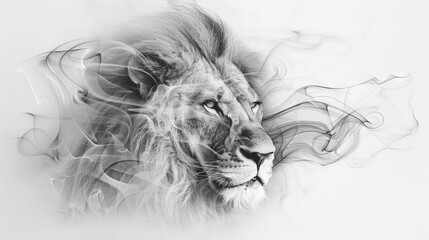   A monochrome image portrays a fierce lion's facial expression with smoky breath on a plain white backdrop