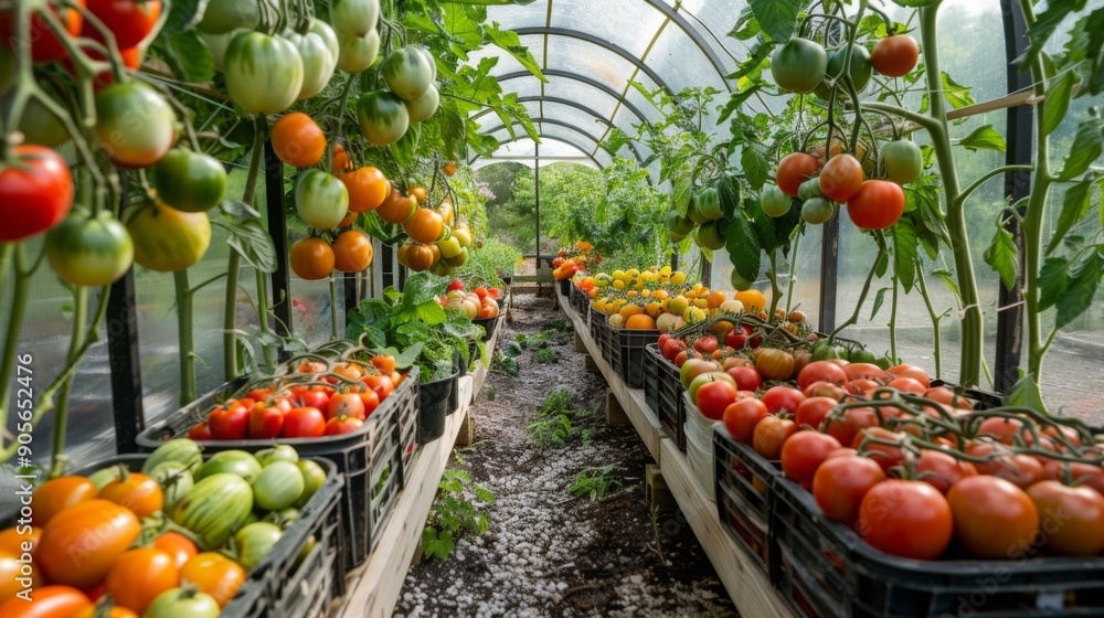 Poster colorful tomatoes and other vegetables are neatly arranged in baskets inside a greenhouse filled wit