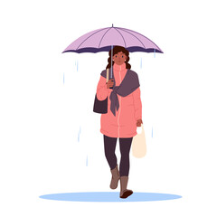 Woman walking with umbrella in autumn or spring rain, front view. Cute girl with headscarf and red jacket holding parasol and shopping bag to walk in bad rainy weather cartoon vector illustration © Natalia