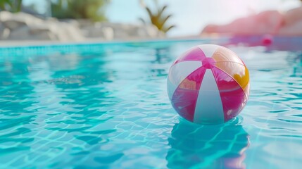 A pink and yellow beach ball is floating in a pool