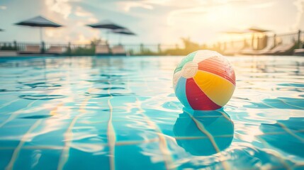 A red, yellow and white beach ball is floating in a pool