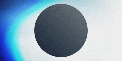 A grainy banner featuring an abstract dark sphere in the shape of a circle on a light background, with textured noise and subtle geometric shapes
