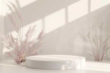Fototapeta premium white minimalistic podium for product presentation with delicate plant fragments, sunlight and shadows, background for cosmetic and other products