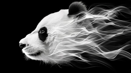   A black and white photo of a panda bear's head with white smoke emanating from its eyes against a dark backdrop