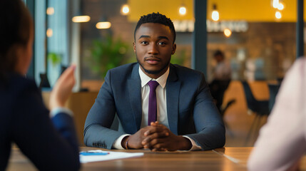 Black Young Professional in Suit Job Interview at Modern Office Setting During Daytime